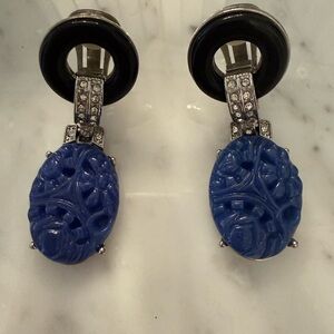 Kenneth Jay Lane Carved Lapis Art Deco Drop Earrings with Black Accents